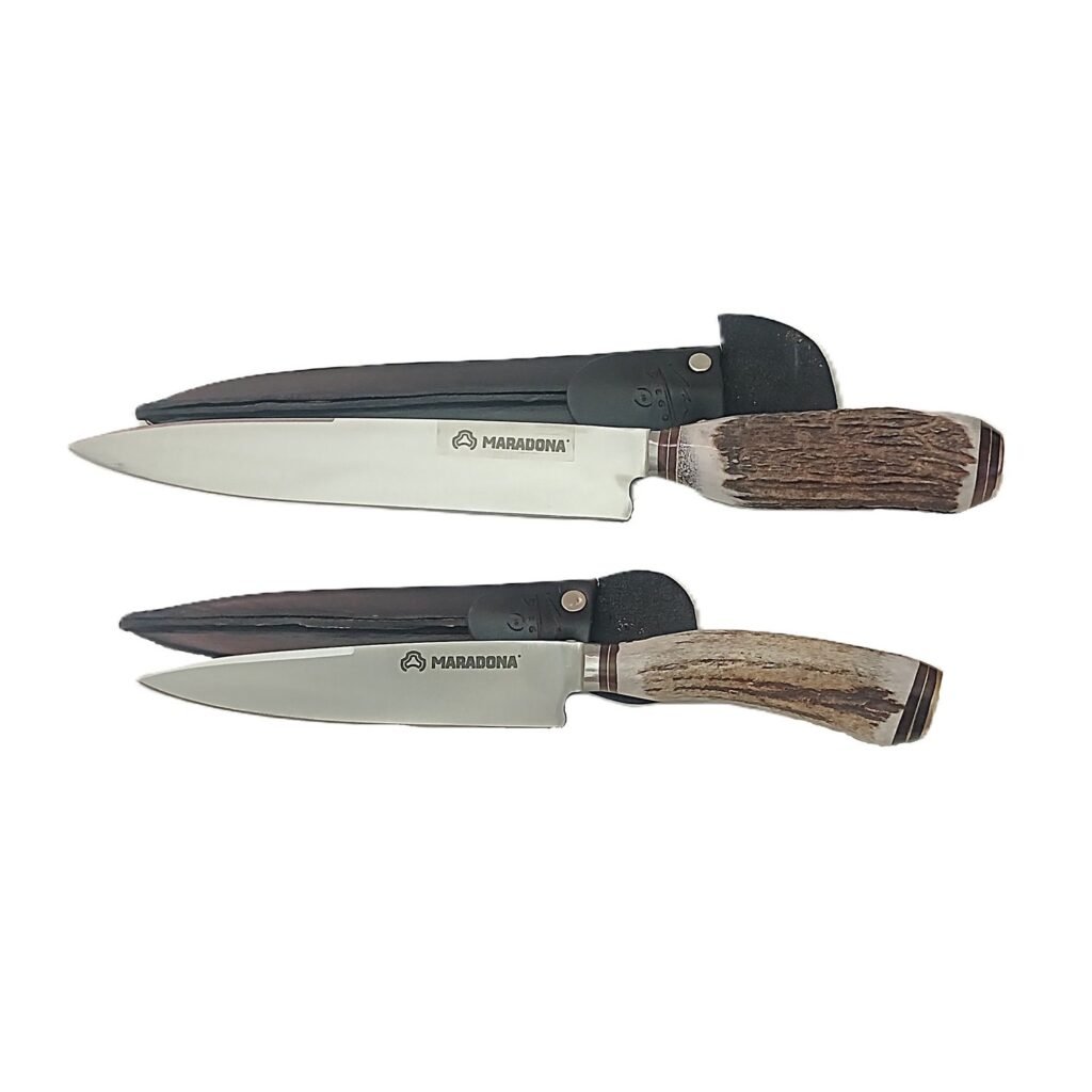 CUCHILLO CON VAINA DE CUERO, CUERNO DE CIERVO Y BRONCE – MARADONA